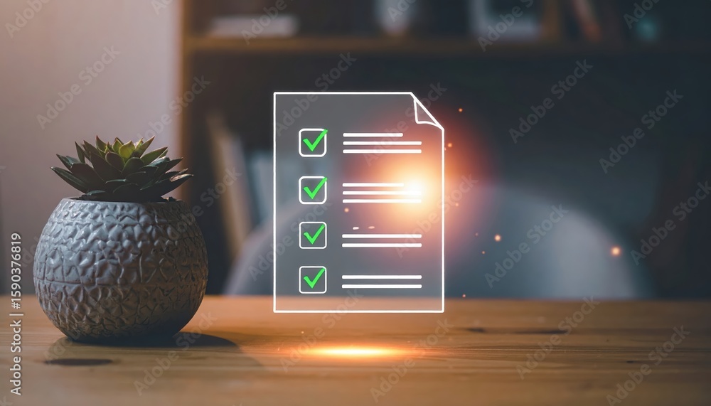 Poster digital document with checkmarks and glowing effects on blurred office background emphasizing task c