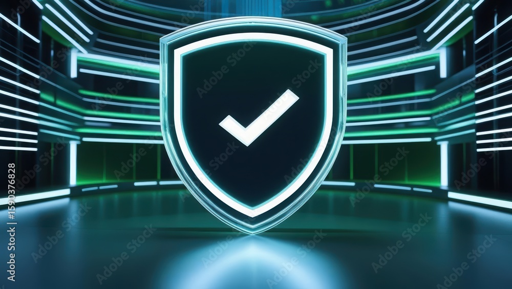 Poster high-tech digital security concept featuring a glowing shield with checkmark on futuristic cyberspac