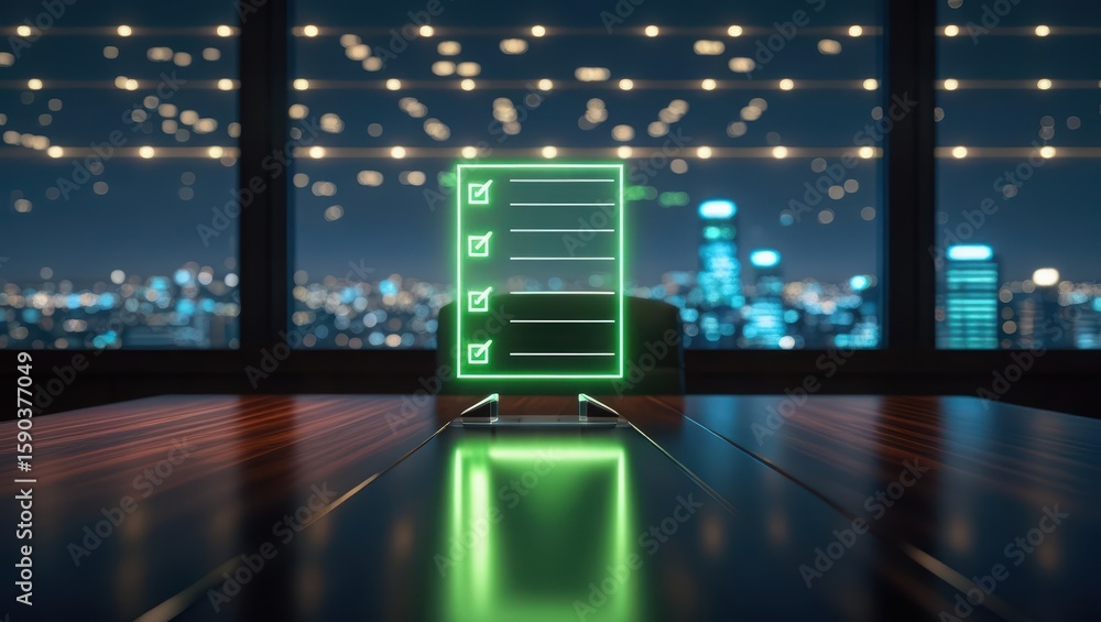 Poster futuristic digital checklist displayed on transparent holographic screen with glowing green checkmar