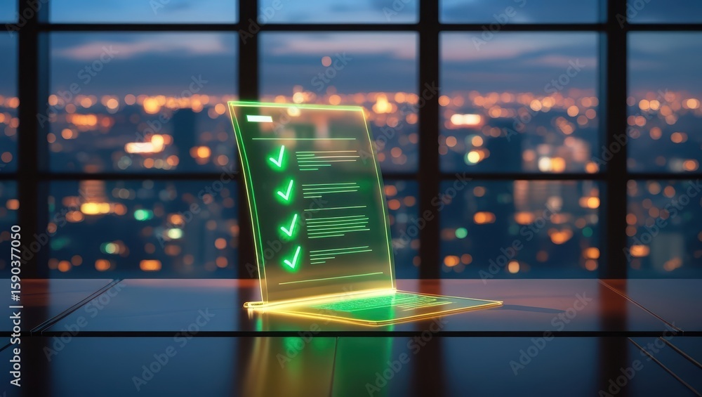 Poster futuristic digital checklist displayed on transparent holographic screen with glowing green checkmar