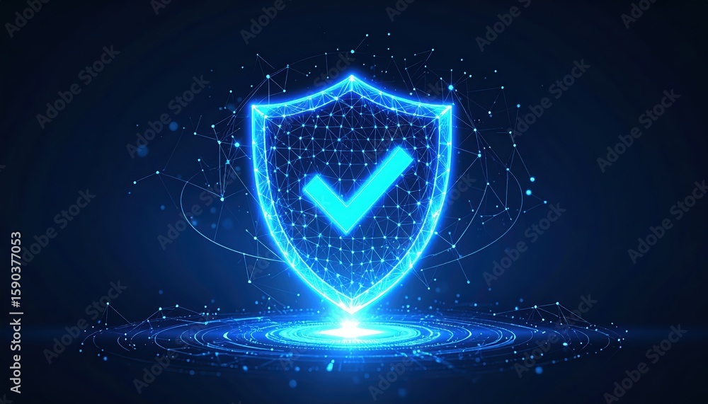 Poster advanced digital security shield with check mark icon representing protection safe secure data encry