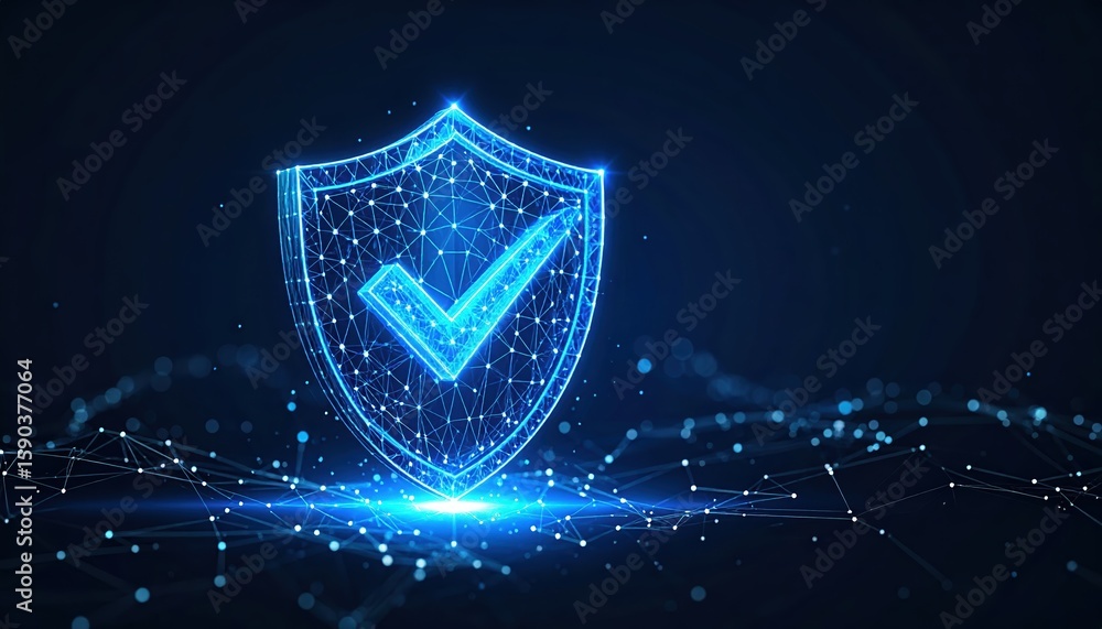Poster futuristic digital security shield with checkmark symbol representing protection, cybersecurity, pri