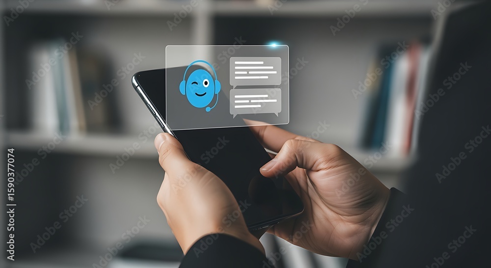 Poster user interacting with ai chatbot on smartphone. virtual assistant providing customer service and sup