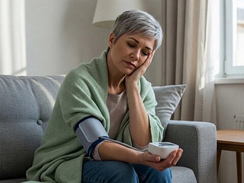 Senior woman checking her blood pressure at home with a digital monitor. Ideal image for health, hypertension, elderly care, medical monitoring, and chronic illness management at home.

