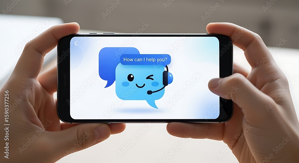 Poster hands holding smartphone displaying ai chatbot for digital customer service. virtual assistant and t
