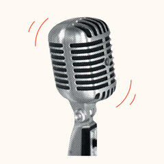 Vintage retro music halftone microphone. Karaoke collage mic with photocopy effect. Grunge disco element for sing poster, podcast, wall art, banner. Dotted isolated vector illustration.