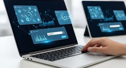 Hand on laptop with futuristic AI data interface. Digital transformation, business analytics, technology concept.