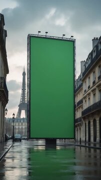 Aerial shot of big vertical billboard with green screen in Paris, advertising commercial concept