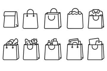 Shopping bags outline icon set. retail, commerce, and market outline icons collection