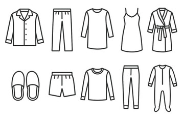 Clothing, sleepwear line icon set. pajamas, robes, slippers outline art collection