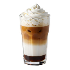 A tall glass of refreshing iced coffee with distinct layers of dark coffee, milk, and espresso, crowned with a generous swirl of sweet whipped cream.