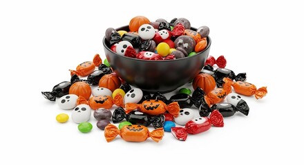 Halloween candy bowl trick or treat sweets assortment halloween party festive treats isolated white background