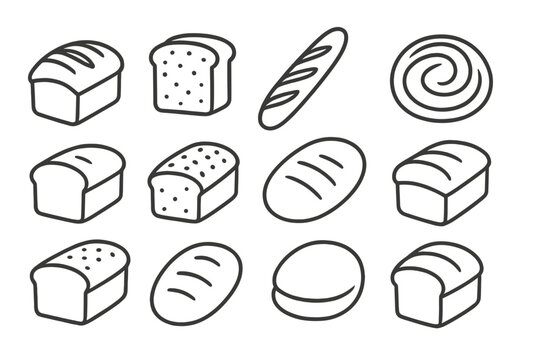 Bakery lining icon set: bread, loaf, pastry icons in linear style for baking enthusiasts