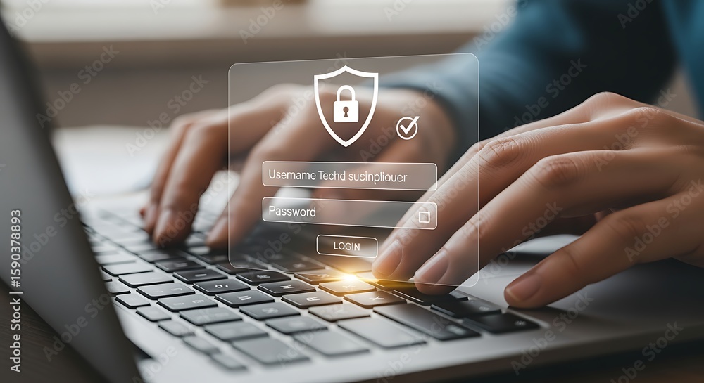 Poster cybersecurity concept: person typing on laptop with digital secure login interface, protecting onlin