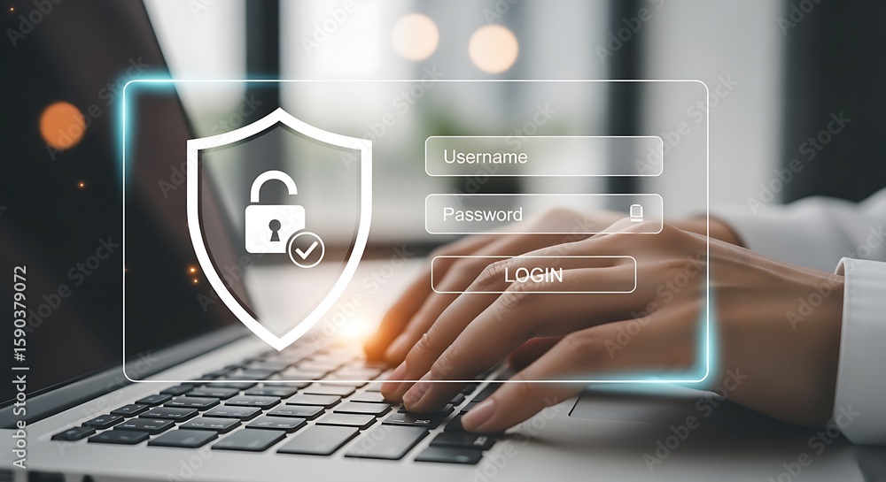Poster cybersecurity and data protection: user logging in securely on laptop with digital shield icon and l