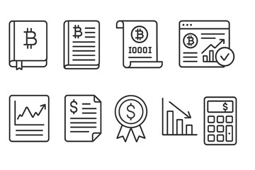 Finance and cryptocurrency line icon set: economic symbols and data visualization