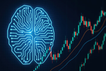 Artificial intelligence in energy trading concept with glowing brain circuit and financial chart graph on dark background