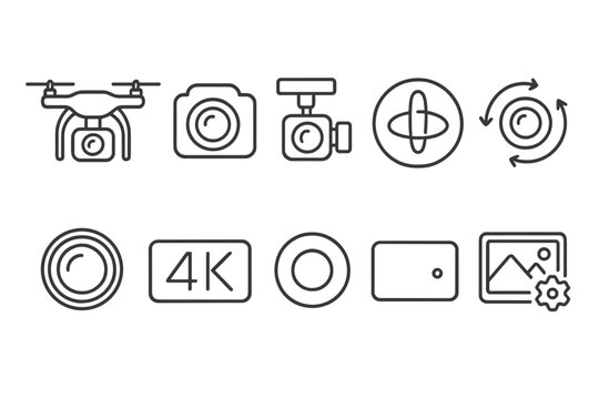Photography equipment outline icon set. cameras, drones, lenses outline collection