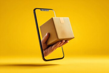 A hand emerges from a smartphone screen, presenting a cardboard package for online order fulfillment