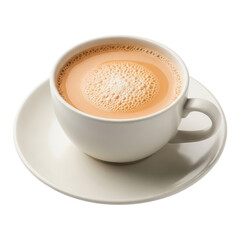 Fototapeta premium A comforting cup of frothy chai tea served in a classic white ceramic cup with a matching saucer. Perfect for cafes, menus, or beverage promotions.