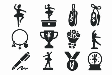 Dance, ballet silhouette icon set. performance, award, ballerina, shoes, trophy icons