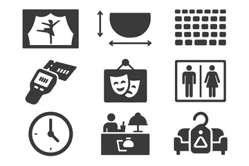 Theater, performance solid icon set. ticket, stage elements in solid style