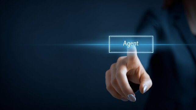 A persons finger presses the agent button on a futuristic digital interface with a blue glow