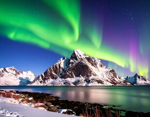 Northern Lights over snowy mountains and fjord