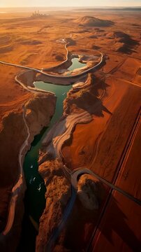 Aerial View of Desert Canyon with Winding River and Roads at Sunset
