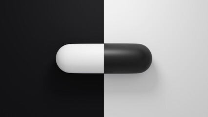 Black and white pill capsule on abstract background. Minimalistic 3D rendered banner.