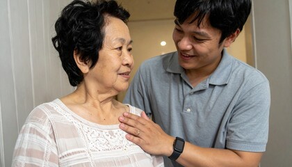 玄関先で触れ合う祖母と孫