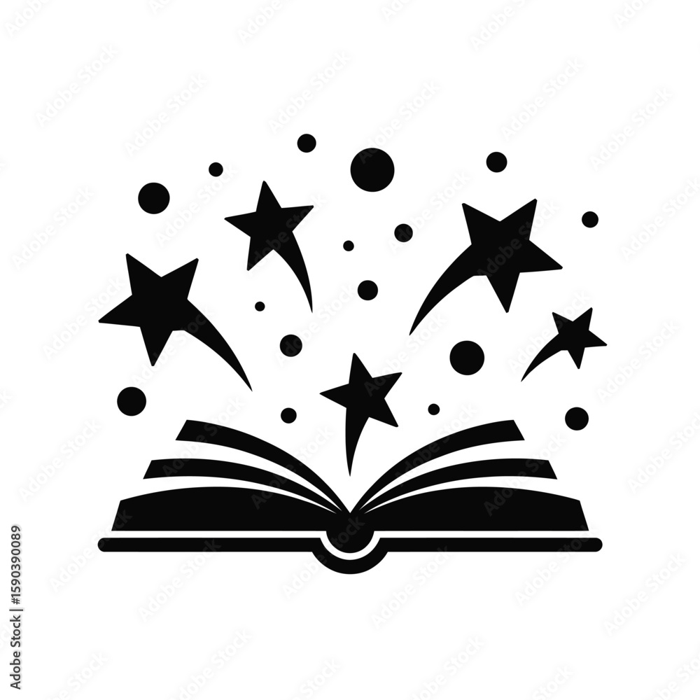 Poster open book with stars and dots bursting out symbolizing imagination and knowledge