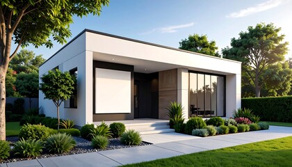 Modern house facade with landscaped yard