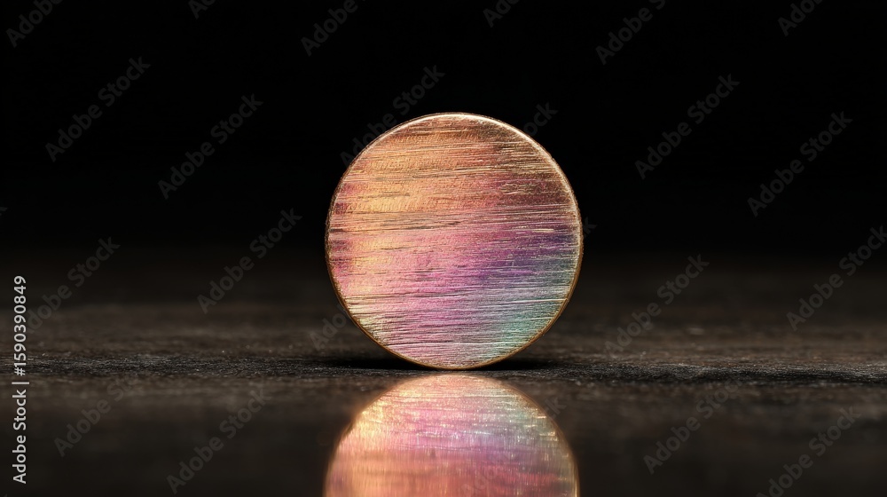 Poster a close-up image of a shiny, textured circular object with colorful iridescent reflections on a dark