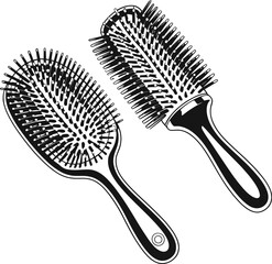 Two contrasting hairbrushes one oval and one round shown in black and white
