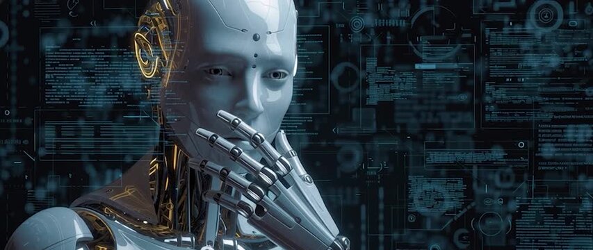 Anamorphic video AI robot head with holographic screens displaying data and code. Concept of artificial intelligence and virtual internet icons