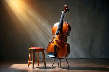 A beautifully crafted cello rests gracefully on a black stool, illuminated by soft natural light. The setting highlights the cello's smooth wooden finish and elegant curves