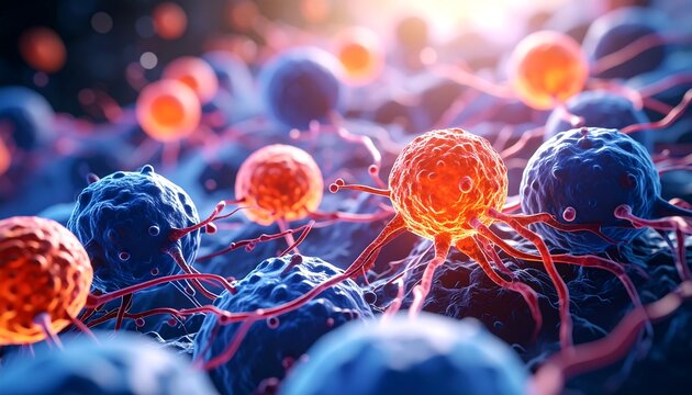 Close-up view of microscopic cells, possibly cancerous