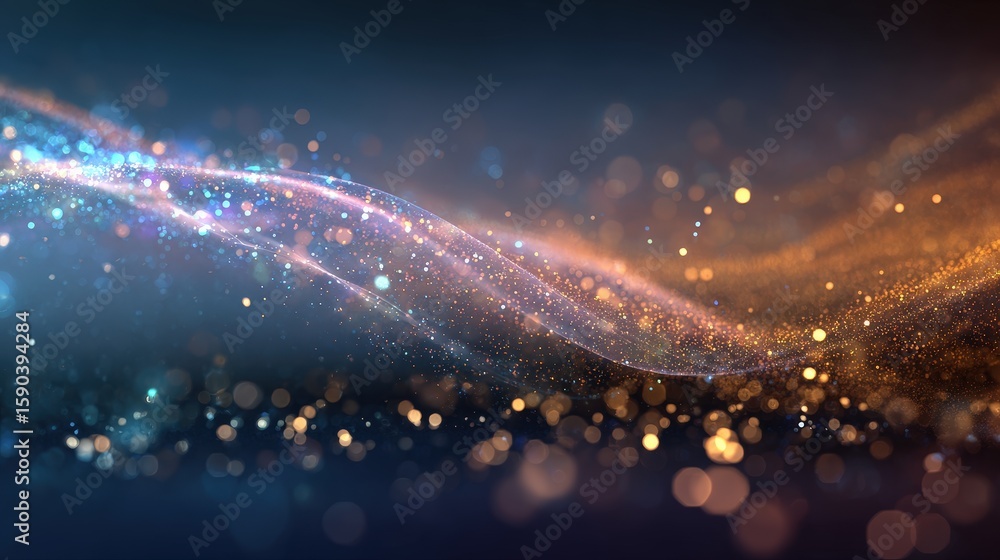 Poster abstract digital waves of blue and orange light particles create a dynamic, glowing, and flowing vis
