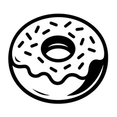 Black and White Vector Illustration of a Donut with Icing and Sprinkles - Outline Design for Food Projects and Branding Use  
