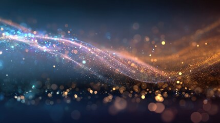 Obraz premium Abstract digital waves of blue and orange light particles create a dynamic, glowing, and flowing visual effect on a dark background.