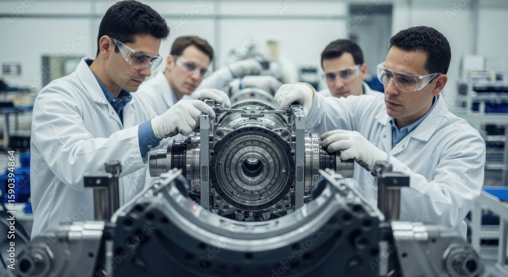 Poster mechanical components being aligned and fitted in highly controlled aerospace environment