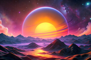 A captivating digital illustration of a vibrant space landscape featuring a large orange sun against a dark sky with pink rolling hills in the foreground