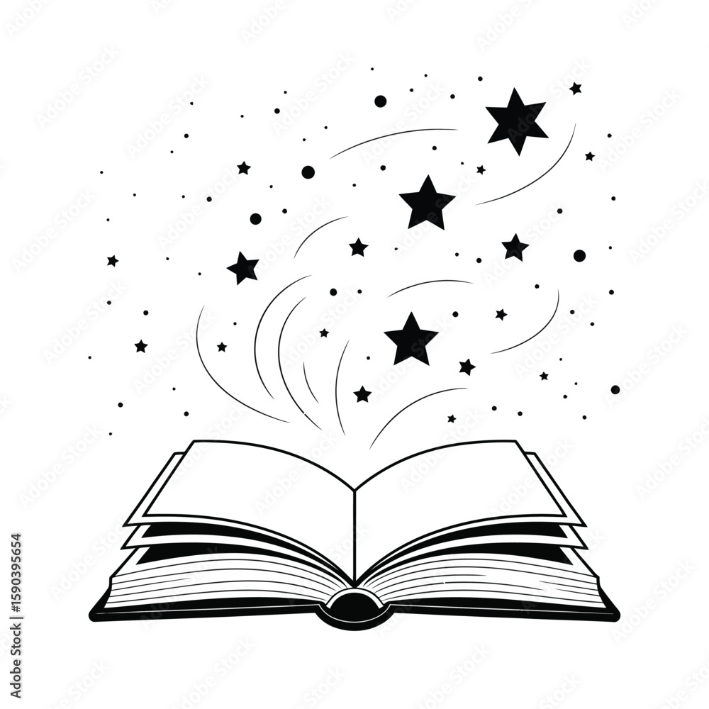 Poster open book with stars and swirls emanating from pages symbolizing imagination and knowledge