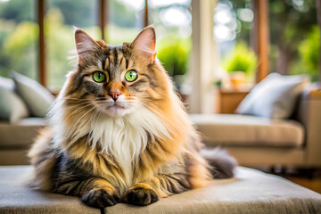 A content domestic cat with a fluffy coat relaxes comfortably indoors in an Australian home, gazing calmly ahead. The serene setting highlights the pet's peaceful nature