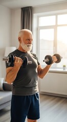 Elderly man engages in strength training at home in sunlight while lifting dumbbells for fitness and wellness