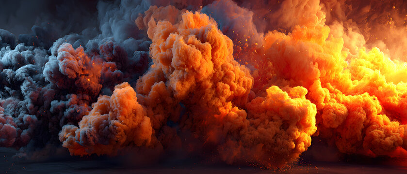 Bright orange background with a lot of smoke and fire. The background is very dark and the smoke is very thick