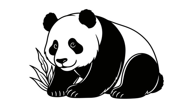 Vector illustration of a cute panda bear with bamboo leaves, black and white vector image, animal clip art design
