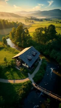 Morning Light Over Cottage and Wooden Bridge by Forest Stream &ndash; Aerial View
