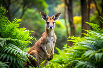 A kangaroo stands in its natural forest habitat, surrounded by lush greenery in Australia. The scene captures the essence of Australian wildlife with a serene atmosphere